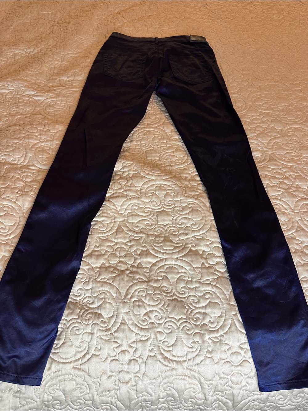 True Religion Blue and Navy Satin like Joan Smalls silver hardware Skinny Jeans